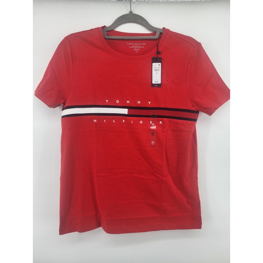 Tommy Hilfiger Women Red Short Sleeve Crew Neck T Shirt Size M Logo Stripe